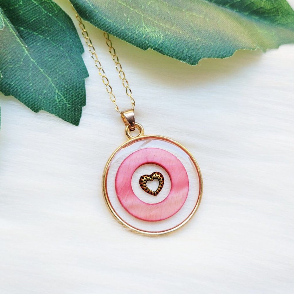 Pink and Gold Necklace Floating Open Heart Charm Bezel Resin Pendant Necklace